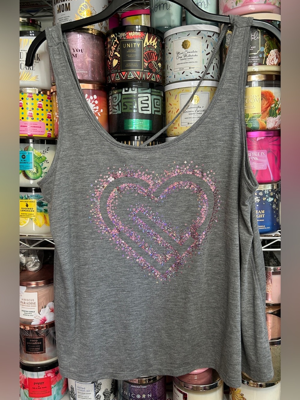 Women's Gray Sequin Heart Tank Top